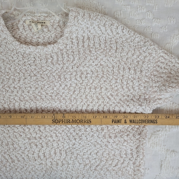 Yet Again ivory and tan loose knit chunky nubby crew neck sweater cozy beachy M - Picture 6 of 9